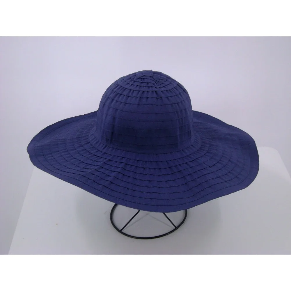 NYC Underground Navy Blue Wide Brim Sun Hat Pleated Tiered Summer Beach Hat OS